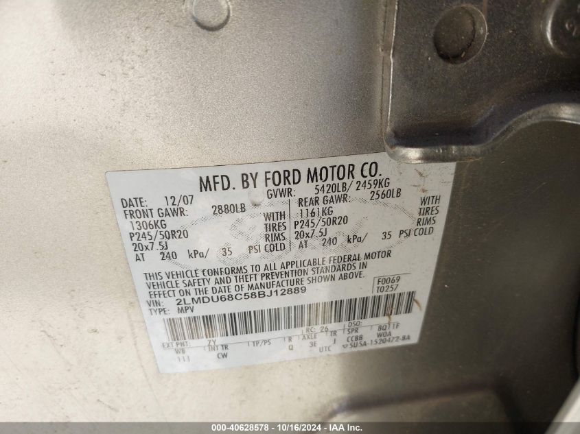 2008 Lincoln Mkx VIN: 2LMDU68C58BJ12889 Lot: 40628578