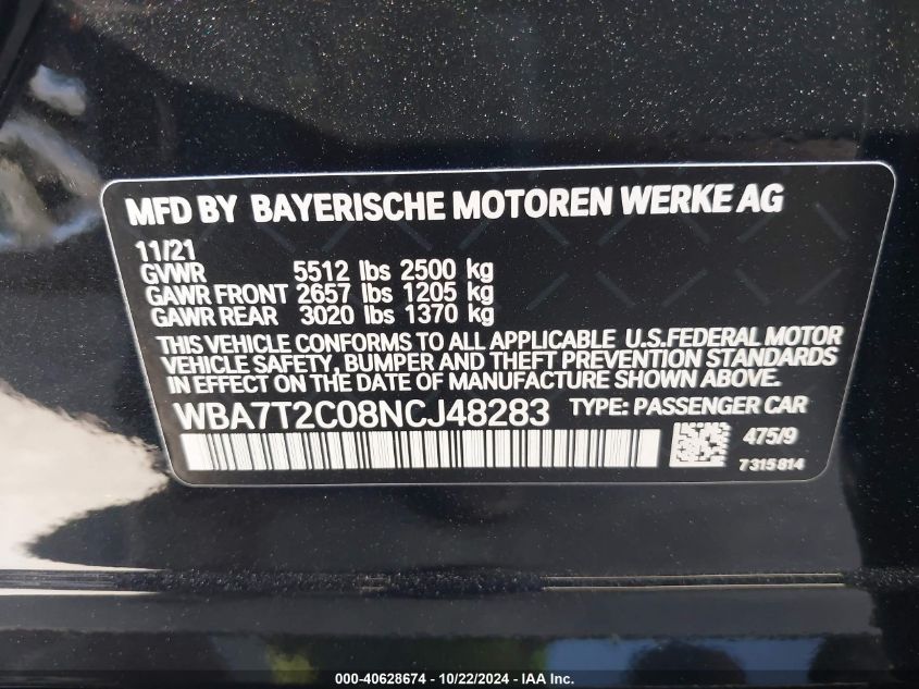 2022 BMW 740 I VIN: WBA7T2C08NCJ48283 Lot: 40628674