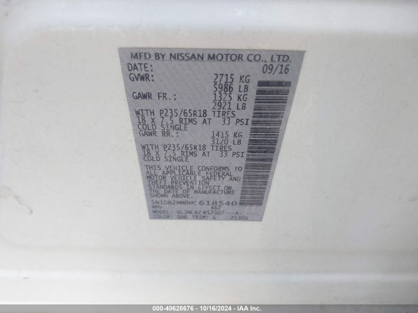 2017 Nissan Pathfinder S VIN: 5N1DR2MM0HC618540 Lot: 40628676