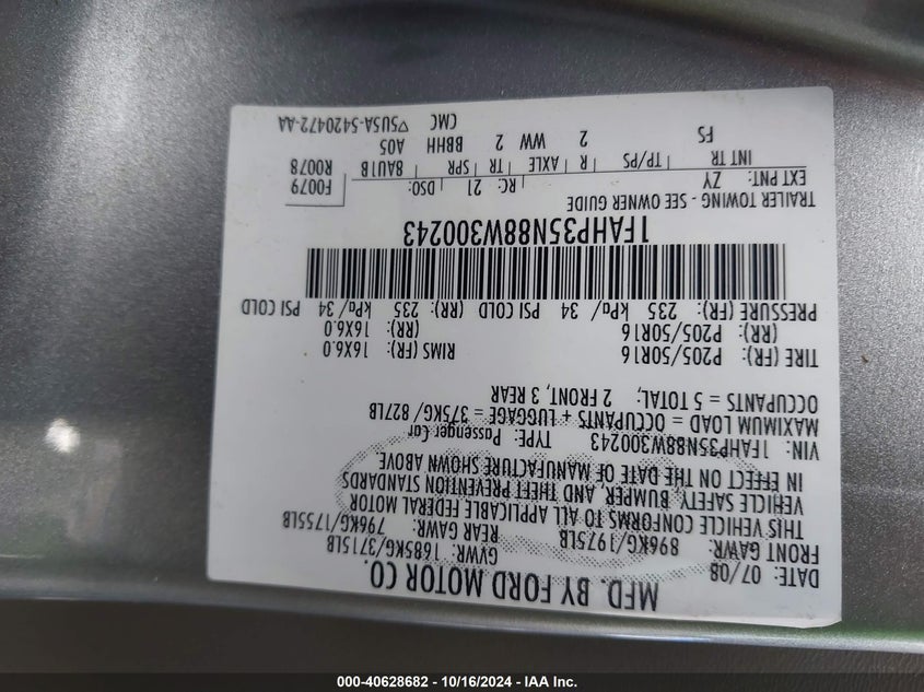 2008 FORD FOCUS VIN: 1FAHP35N88W300243