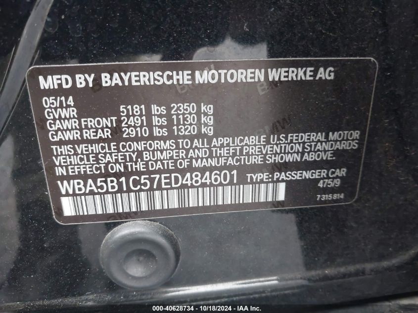 2014 BMW 535I VIN: WBA5B1C57ED484601 Lot: 40628734