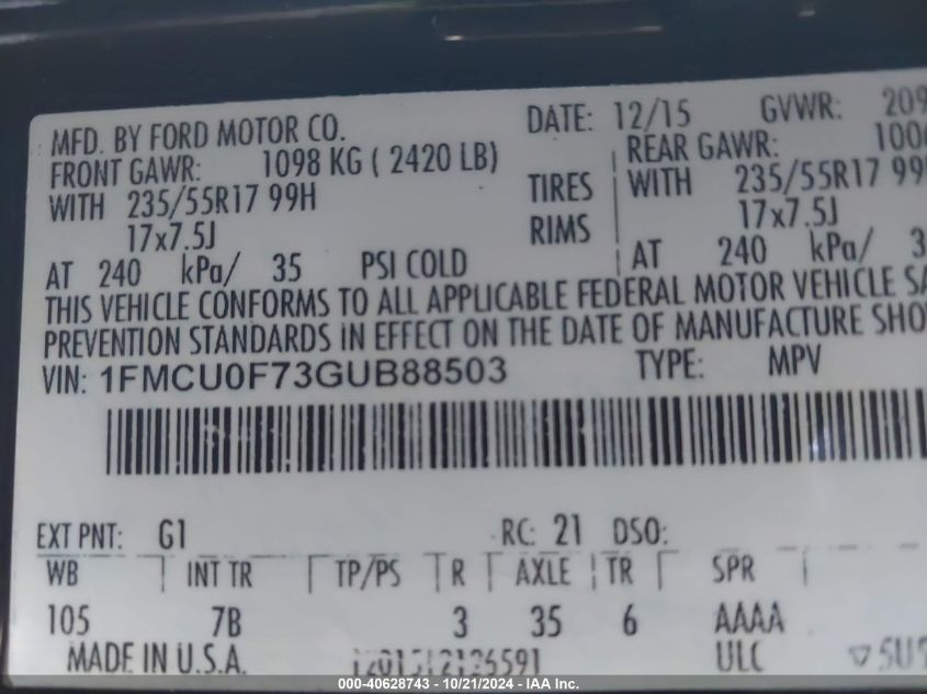 2016 Ford Escape S VIN: 1FMCU0F73GUB88503 Lot: 40628743