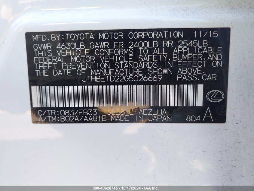 2016 LEXUS IS 350 - JTHBE1D22G5026669