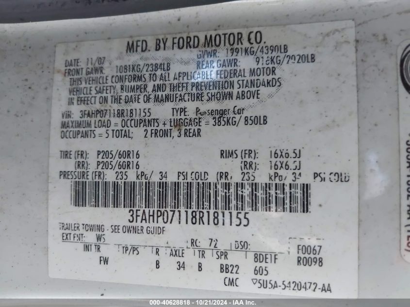 2008 Ford Fusion Se VIN: 3FAHP07118R181155 Lot: 40628818