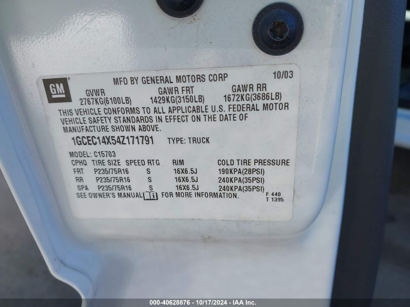 2004 Chevrolet Silverado 1500 Work Truck VIN: 1GCEC14X54Z171791 Lot: 40628876