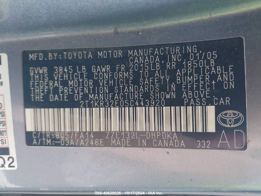 2005 Toyota Matrix VIN: 2T1KR32E05C443920 Lot: 40629026