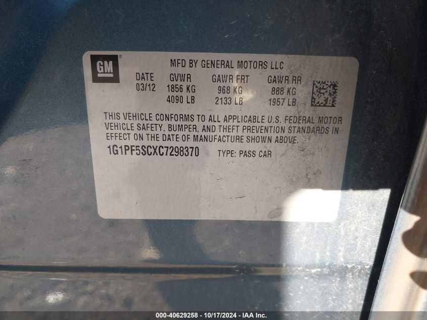 2012 Chevrolet Cruze 1Lt VIN: 1G1PF5SCXC7298370 Lot: 40629258