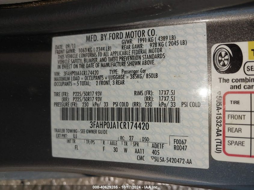 2012 Ford Fusion Sel VIN: 3FAHP0JA1CR174420 Lot: 40629285