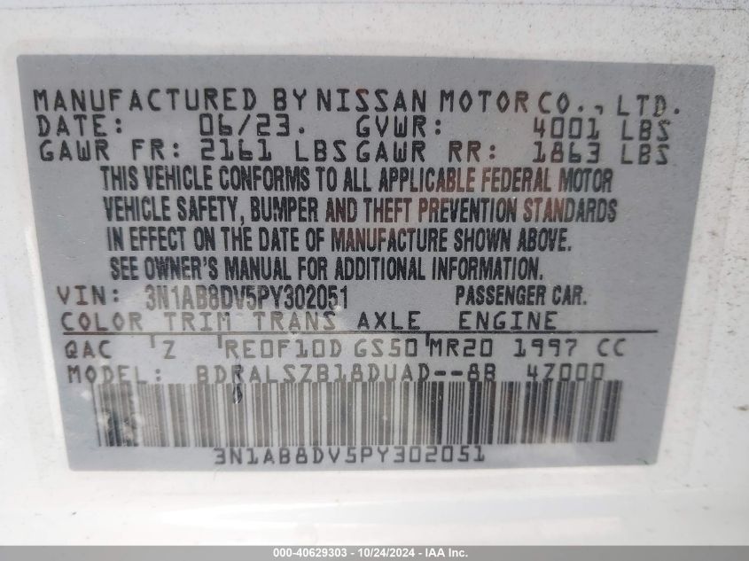 2023 Nissan Sentra Sr Xtronic Cvt VIN: 3N1AB8DV5PY302051 Lot: 40629303