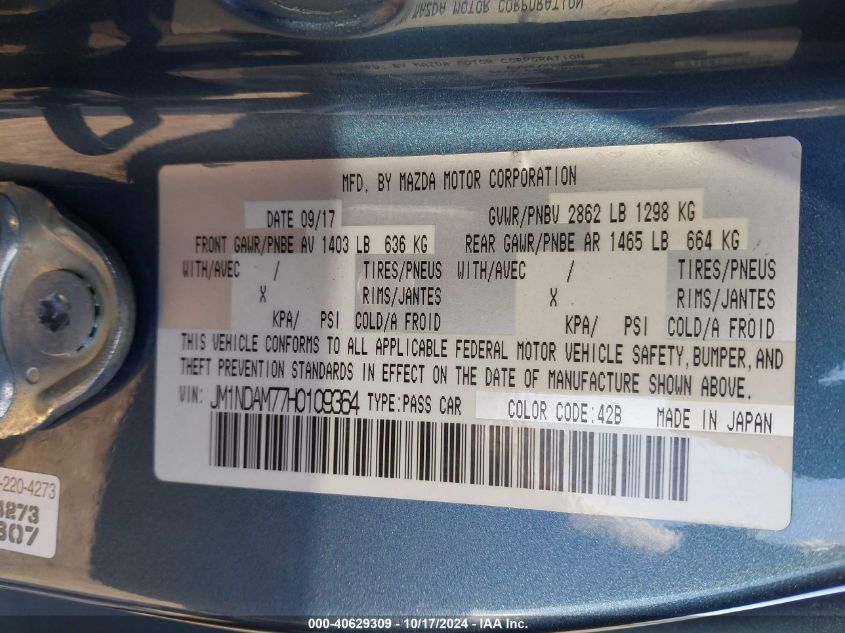 2017 Mazda Mx-5 Miata Rf Grand Touring VIN: JM1NDAM77H0109364 Lot: 40629309