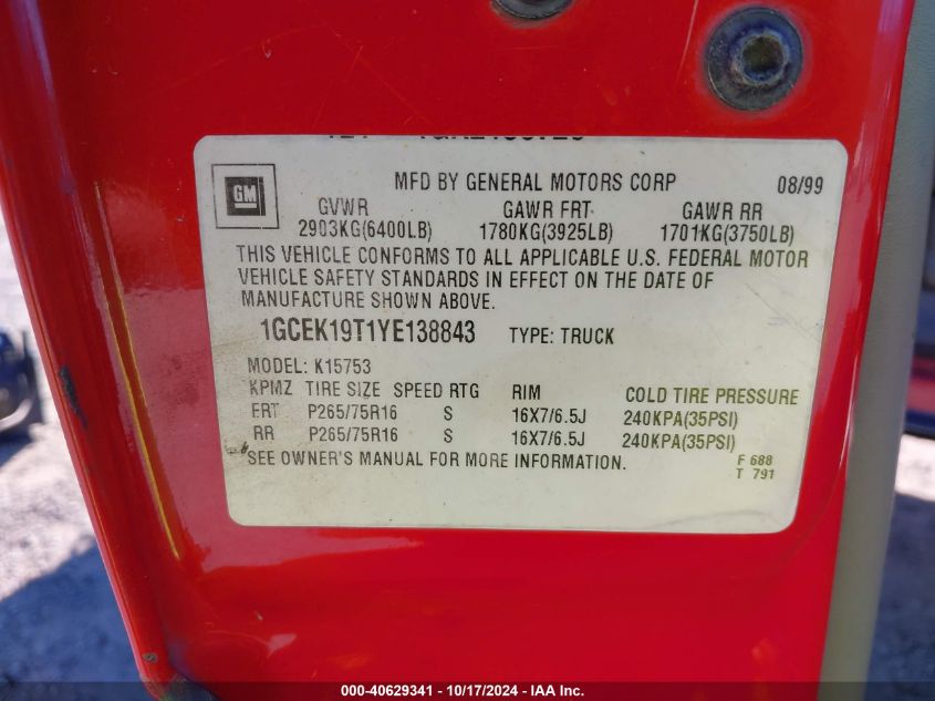 2000 Chevrolet Silverado 1500 Ls VIN: 1GCEK19T1YE138843 Lot: 40629341