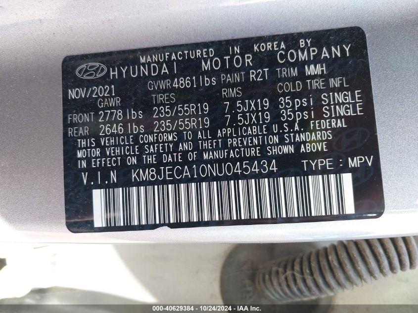 2022 Hyundai Tucson Hybrid Limited VIN: KM8JECA10NU045434 Lot: 40629384