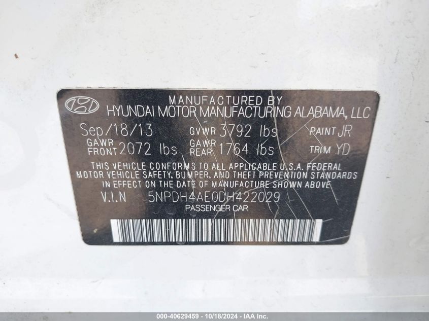 2013 Hyundai Elantra Gls VIN: 5NPDH4AE0DH422029 Lot: 40629459