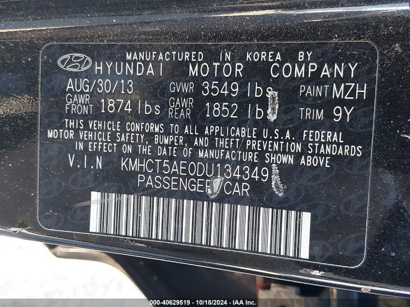 2013 Hyundai Accent Gs VIN: KMHCT5AE0DU134349 Lot: 40629519