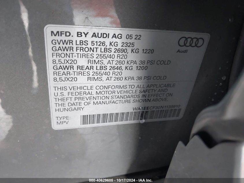 2022 Audi Q3 Premium Plus 45 Tfsi S Line Quattro Tiptronic VIN: WA1EECF30N1139910 Lot: 40629605