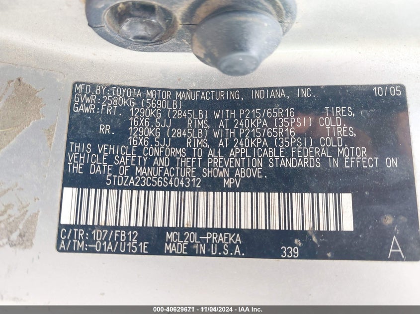 2006 Toyota Sienna Ce VIN: 5TDZA23C56S404312 Lot: 40629671