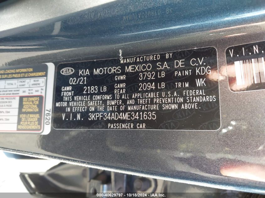 2021 Kia Forte Gt-Line VIN: 3KPF34AD4ME341635 Lot: 40629797