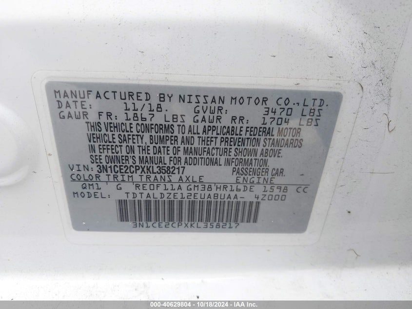 2019 Nissan Versa Note Sv VIN: 3N1CE2CPXKL358217 Lot: 40629804