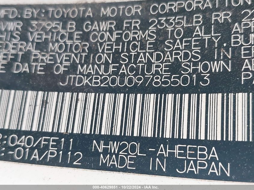 2009 Toyota Prius VIN: JTDKB20U097855013 Lot: 40629851