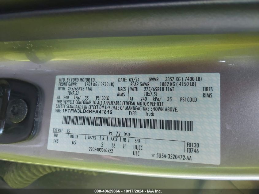 2024 Ford F-150 Xlt VIN: 1FTFW3LD4RFA41816 Lot: 40629866