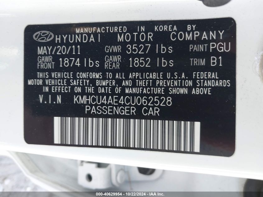 2012 Hyundai Accent Gls VIN: KMHCU4AE4CU062528 Lot: 40629954