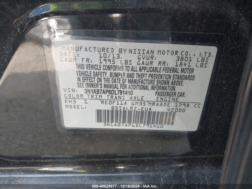 2013 Nissan Sentra Sr VIN: 3N1AB7AP6DL791410 Lot: 40629977