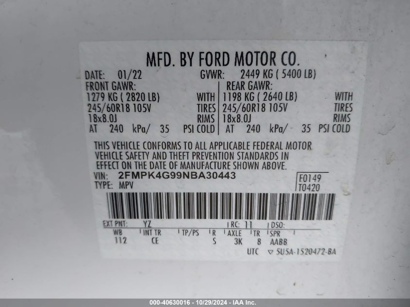 2022 Ford Edge Se VIN: 2FMPK4G99NBA30443 Lot: 40630016