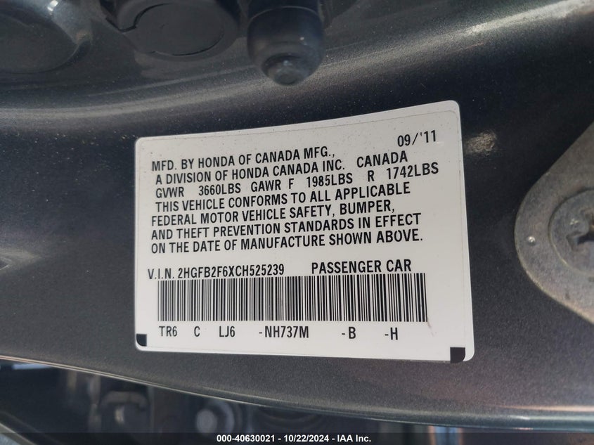 2012 Honda Civic Hf VIN: 2HGFB2F6XCH525239 Lot: 40630021