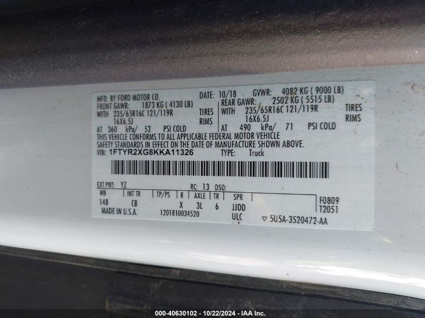 2019 Ford Transit-250 VIN: 1FTYR2XG8KKA11326 Lot: 40630102