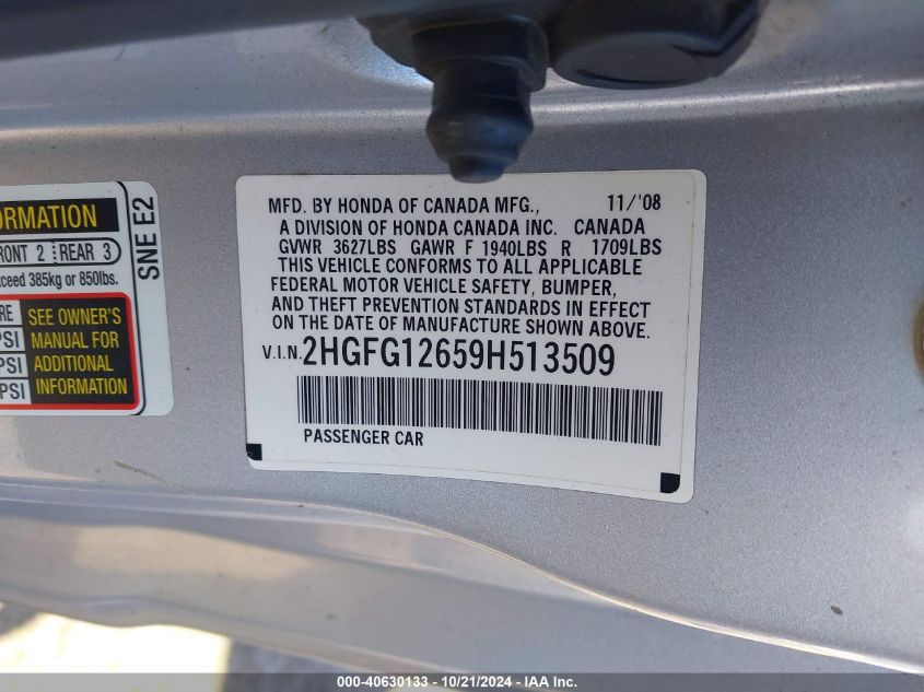 2009 Honda Civic Lx VIN: 2HGFG12659H513509 Lot: 40630133