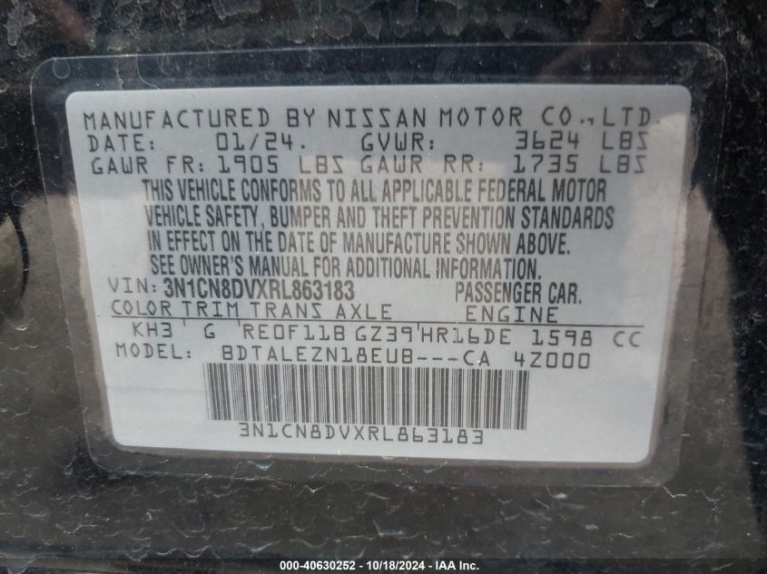 2024 Nissan Versa 1.6 S VIN: 3N1CN8DVXRL863183 Lot: 40630252