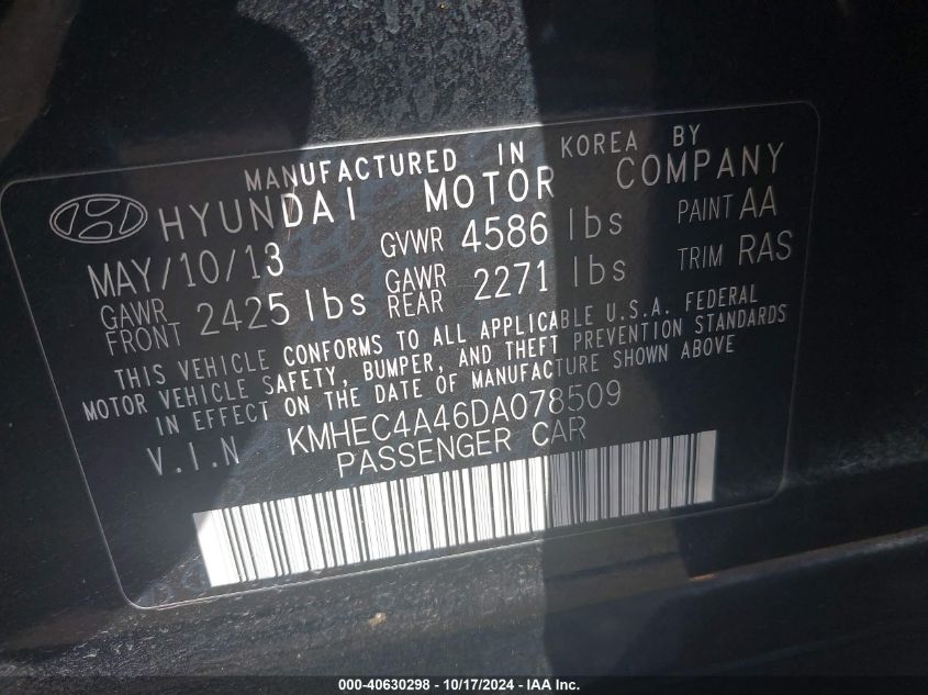 2013 Hyundai Sonata Hybrid VIN: KMHEC4A46DA078509 Lot: 40630298