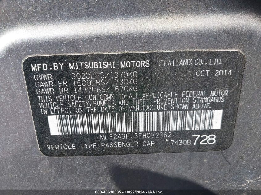 2015 Mitsubishi Mirage De VIN: ML32A3HJ3FH032362 Lot: 40630335