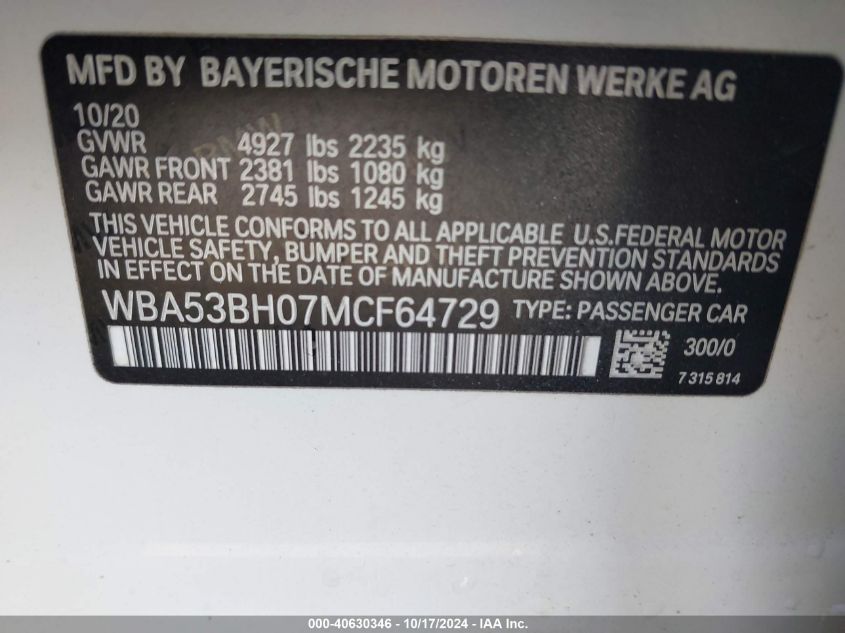 2021 BMW 530I VIN: WBA53BH07MCF64729 Lot: 40630346