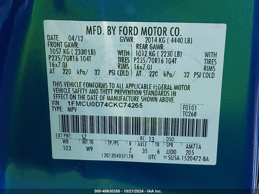 2012 Ford Escape Xlt VIN: 1FMCU0D74CKC74265 Lot: 40630350