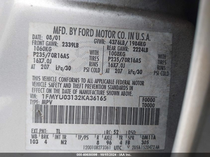 2002 Ford Escape Xlt VIN: 1FMYU03132KA36165 Lot: 40630399