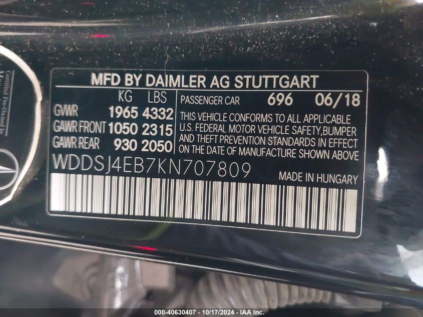 2019 Mercedes-Benz Cla 250 VIN: WDDSJ4EB7KN707809 Lot: 40630407