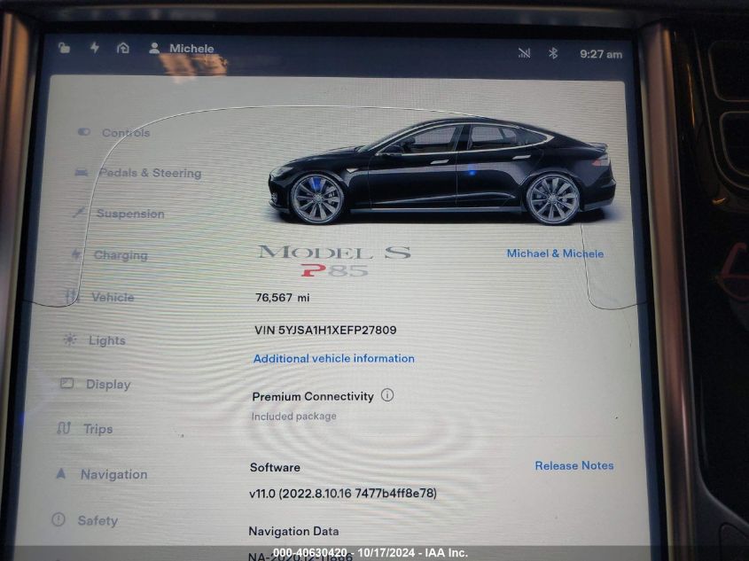 2014 Tesla Model S P85 VIN: 5YJSA1H1XEFP27809 Lot: 40630420