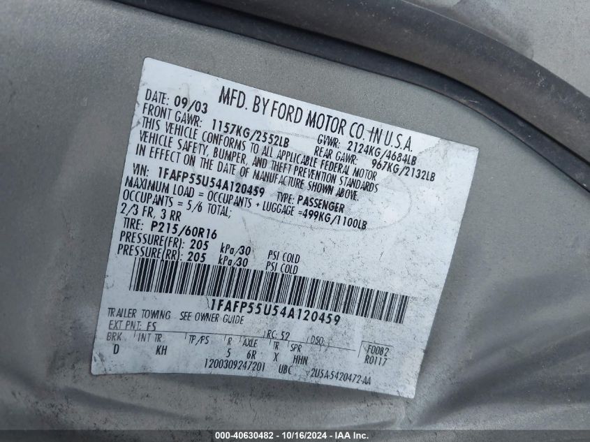 2004 Ford Taurus Ses VIN: 1FAFP55U54A120459 Lot: 40630482