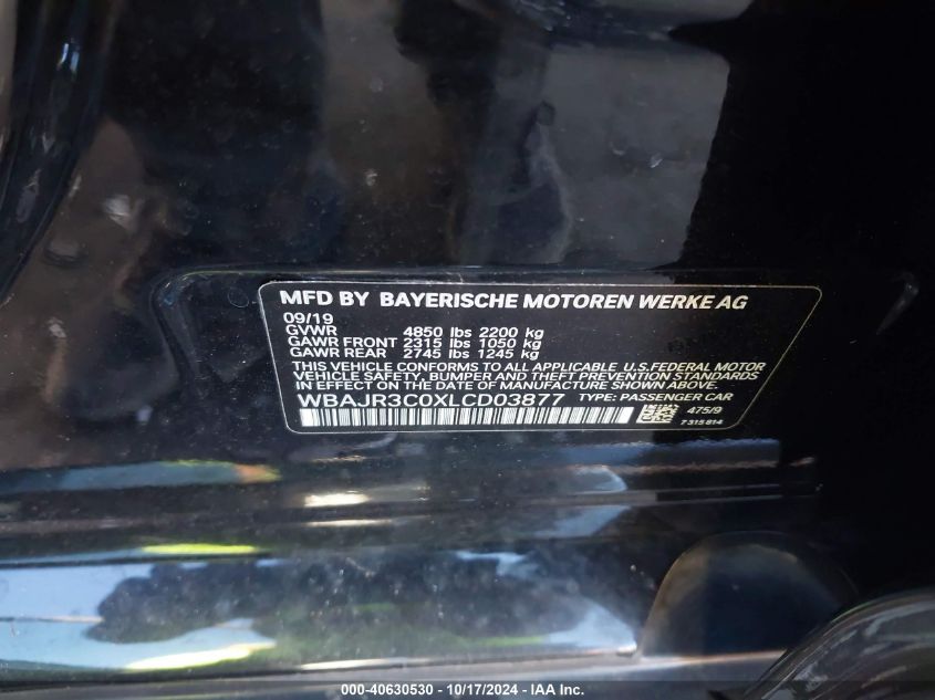 2020 BMW 530I VIN: WBAJR3C0XLCD03877 Lot: 40630530