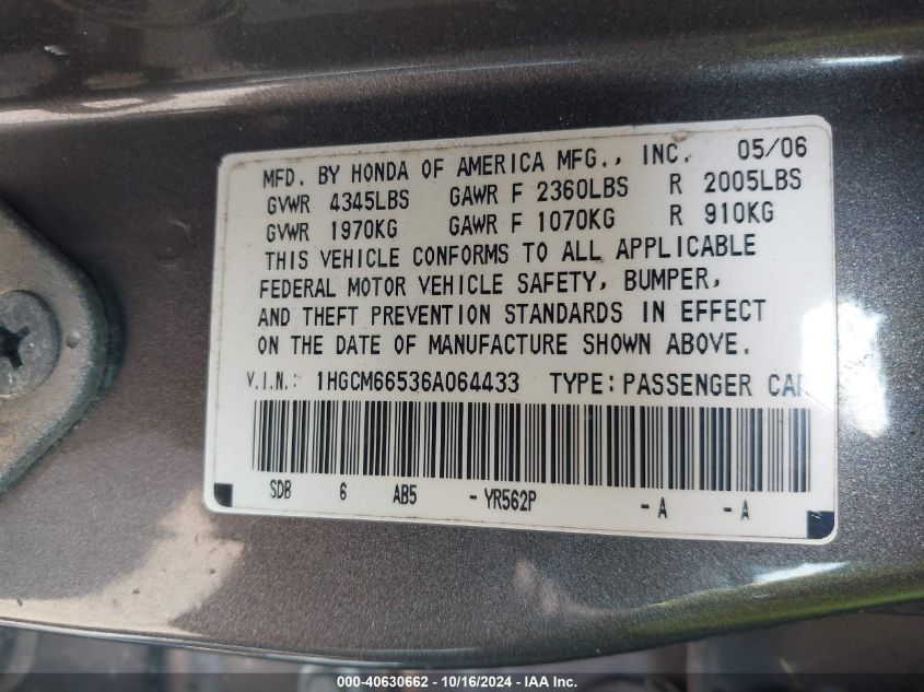 2006 Honda Accord 3.0 Ex VIN: 1HGCM66536A064433 Lot: 40630662