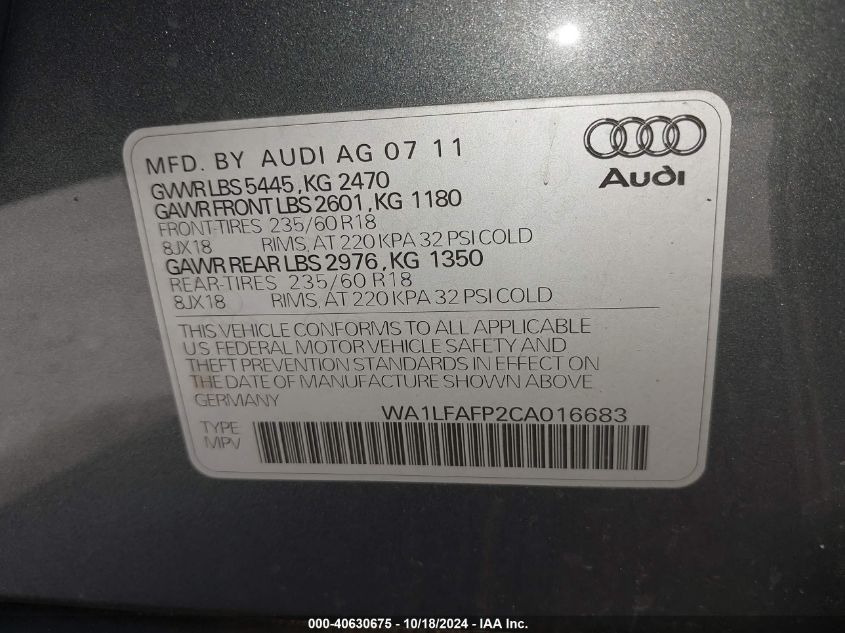 2012 Audi Q5 2.0T Premium VIN: WA1LFAFP2CA016683 Lot: 40630675