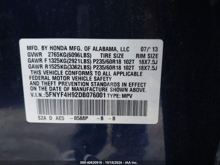 2013 Honda Pilot Touring VIN: 5FNYF4H92DB076001 Lot: 40630916