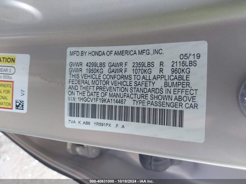 VIN 1HGCV1F19KA114467 2019 HONDA ACCORD LX