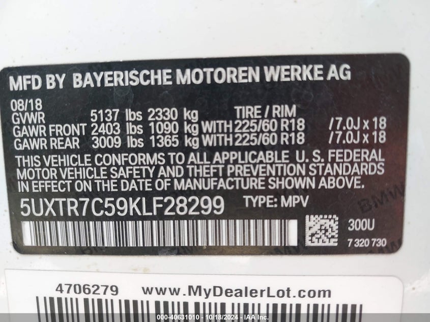 2019 BMW X3 SDRIVE30I VIN: 5UXTR7C59KLF28299