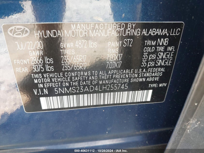 2020 HYUNDAI SANTA FE SE - 5NMS23AD4LH255745