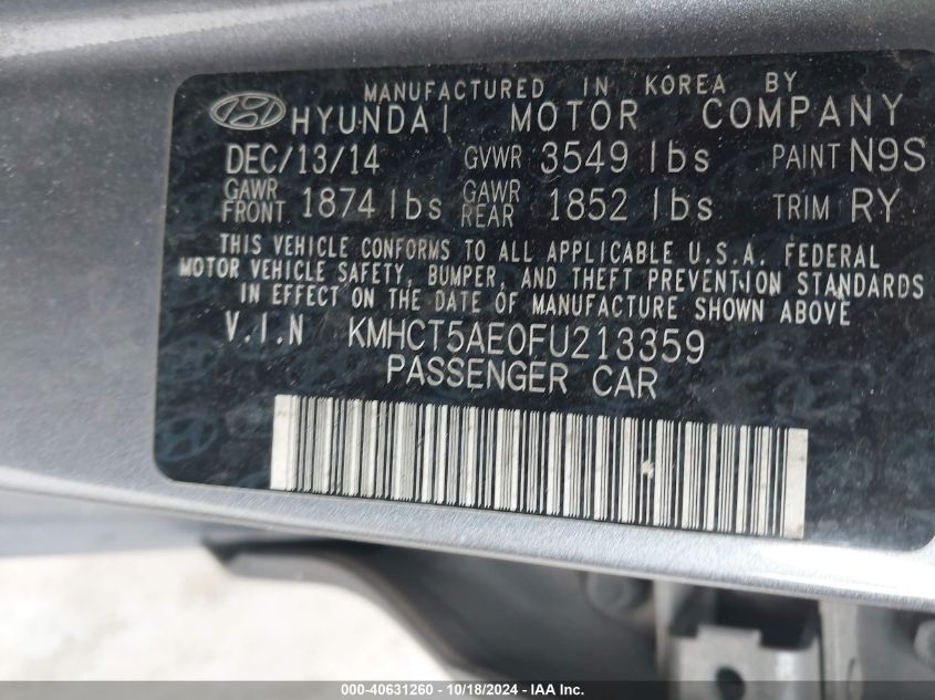 2015 Hyundai Accent Gs VIN: KMHCT5AE0FU213359 Lot: 40631260