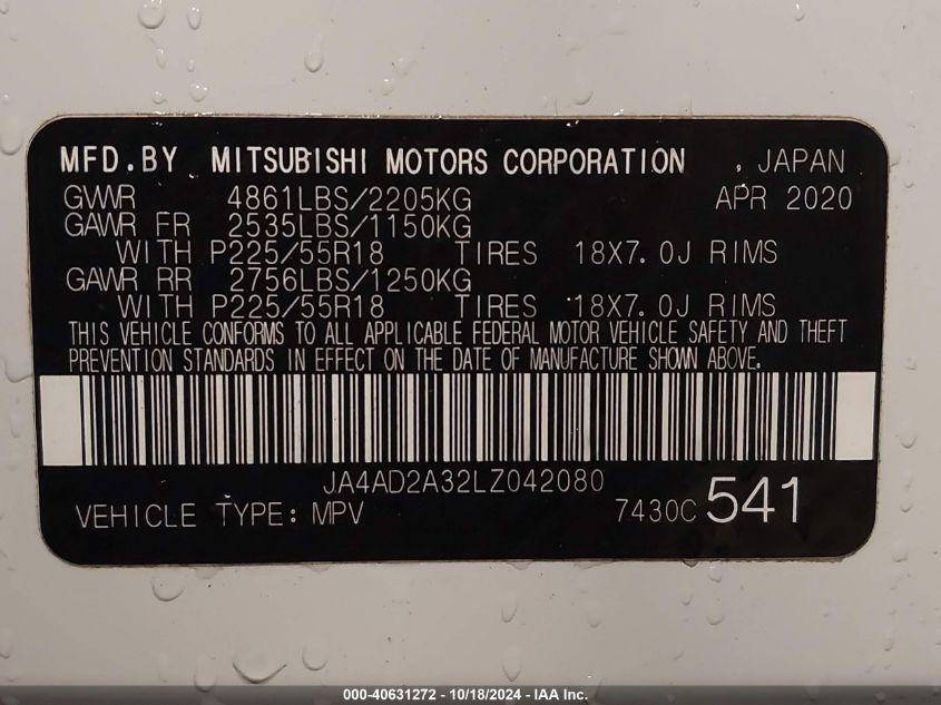 2020 Mitsubishi Outlander Es 2.4 VIN: JA4AD2A32LZ042080 Lot: 40631272