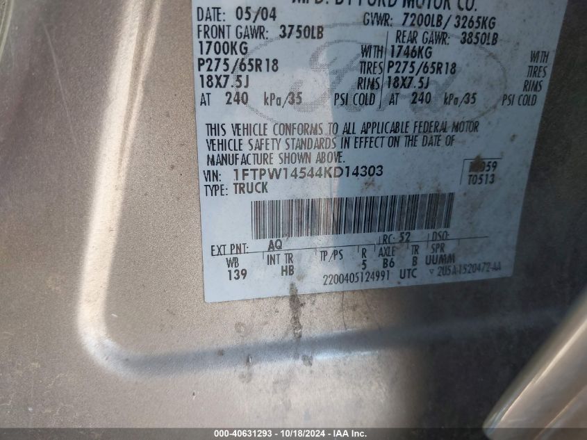 2004 Ford F-150 Fx4/Lariat/Xlt VIN: 1FTPW14544KD14303 Lot: 40631293