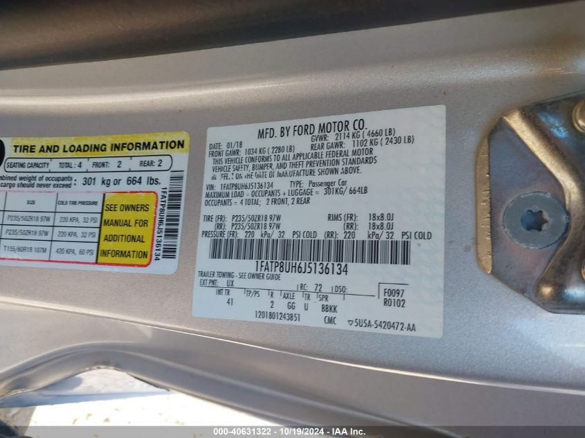 VIN 1FATP8UH6J5136134 2018 FORD MUSTANG ECOBOOST PREMIUM